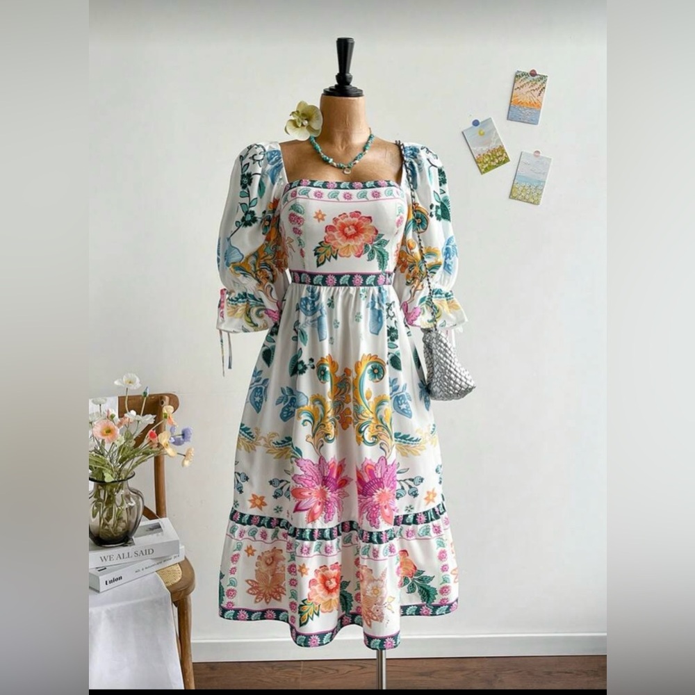 SHEIN White Floral Maxi Dress with Pink & Blue Accents